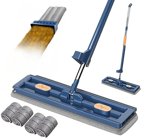 Balais Plat Réglable Rotative à 360° avec Tampons en Fibre Super Absorbants et Utilisation Humide et Sèche, Balai Serpillère avec Compression Automatique de l'eau(4 Tampons en Microfibre) (Bleu)