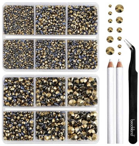 BEADSLAND Hotfix Strasssteine, 6080 Stück Gold Strasssteine für Kleidung Kunsthandwerk gemischt 6 Größen mit Wachsstift und Pinzette Kit,SS6-SS30,Aurum