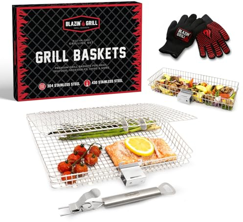 Blazin' Grill Grillkörbe für Outdoor-Grill | 2 Grillkörbe mit abnehmbarem Griff | Grillset mit Grillhandschuhen | Tragbares Camping-Netzgestell perfekt für Gemüse, Meeresfrüchte & Fleisch