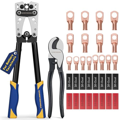 haisstronica Battery Cable Crimper Tool Kit for 8, 6, 4, 2, 1, 1/0 AWG Battery Terminals,Longer Handle Lug Crimping Tool with Cable Cutters and 32PCS Heavy Duty Wire Lugs,Heat Shrink Tubing