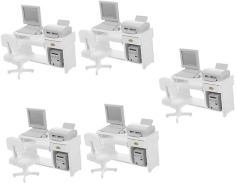 TOYANDONA 5 Sets Office Scene Props Dollhouse Furniture Accessories Office Desk Ornament Mini Computer Model Simulation Office Table Chair Mini Printer Model Decorations Miniature Wood White