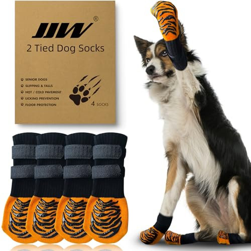 JJW Anti-Rutsch-Hundesocken mit 2 Verstellbaren Riemen, Hochwertige Anti-Rutsch-Hundesocken für Hartholzböden, Verhindert Pfotenverbrennungen, Ideal für Hund Paw Schutz (Orange, M)