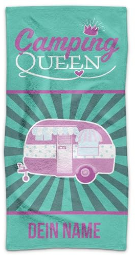 PR Print Royal Personalisiertes Handtuch für Camper mit Spruch - Camping Queen - mit Name Bedrucken | Camping Badetuch selbst gestalten, Individuelles Fotogeschenk für Campingfreunde - 140 x 70 cm