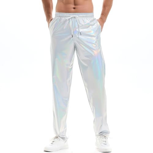 Amy Coulee Herren Glänzend Metallic Hosen Nachtclub Disco Hose (Helles Silber, M)