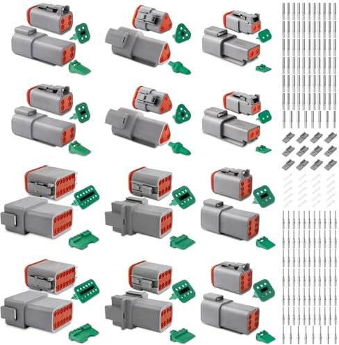 JRready Connecteur Deutsch 2/3/4/6/8/12 broches Gris IP68 Étanche DT Connecteur Set 12 Sets Avec kit Terminal Deutsch Wire Gauge 16-20 AWG pour Voiture, Motos, Camions, Bateaux