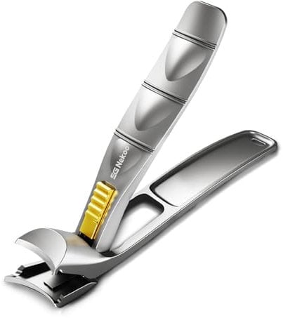 SG Nekoo Angled Head Toenail Clippers for Thick Toenails, Sharp Large Nail Clippers with Safety Lock, Ergonomic Handle for Seniors, Wide Jaw Anti-Splash Nail Cutter for Men Women (Lockable-Silver)