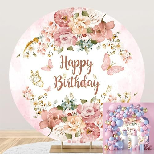 TTQYFNM 2 x 2 m Happy Birthday runder Hintergrund aus Polyester, rosa Rose, Blumen, Schmetterling, Kreis, Fotografie-Hintergrund für Mädchen und Frauen, Geburtstagsparty-Dekorationen, Kuchen,