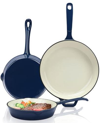 Hisencn Juego de sartenes de hierro fundido esmaltado, juego de 3 sartenes con revestimiento de cerámica (8, 9.5 y 11 pulgadas), sin PFAS/PTFE/PFOA, apto para horno e inducción, utensilios de cocina