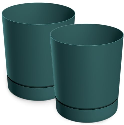 PECZEKO Lot de 2 pots de fleurs mats en plastique - Pot décoratif pour grandes et petites plantes - Diamètre : 13 cm - Vert foncé