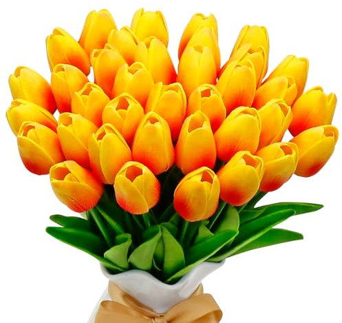 VIKINGS PANDA 36 Stück Tulpen Künstliche Wie Echt, Real Touch Latex Fake Tulpen Blumen, Kunstblumen für Party Zuhause Hochzeit Dekoration (Orange)