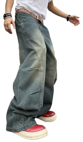 Zewool Mens Irregular Sutures Baggy Jeans Y2k Hip Hop Wide Leg Denim Pants Casual Fashion Trousers Streetwear Loose Fit Straight 2000s Relaxed Fit Sport Skater Jogging Skateboard,C Retro Blue,L