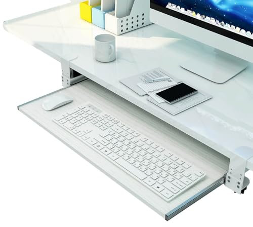 Ergonomic Clamp On Keyboard Tray White Computer Desk Extender with Sliding Mouse & Keyboard Tray Under Desk Keyboard Drawer for Home Office 55x30cm/22x12inch