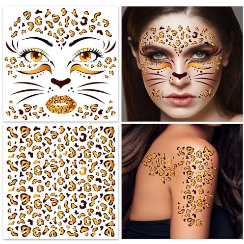 HOWAF 4 Bogen Gesichtstattoo Leopard Temporäre Tattoos, Face Tattoo Leopard Gesichtstattoo Karneval Leoparden, Gesichtstattoo Halloween für Leopard Kostüm, Halloween Karneval Fasching Kostüm
