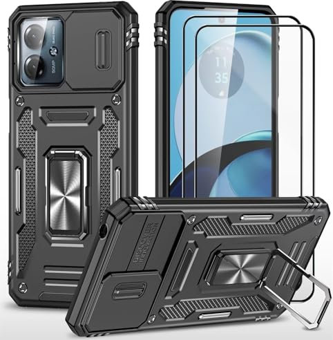CLYDITE Coque pour Motorola Moto G14 étui avec 2 Verre Trempé Support magnétique Armure Robuste Antichoc Silicone avec Couvercle de caméra Coulissant Bumper-Noir