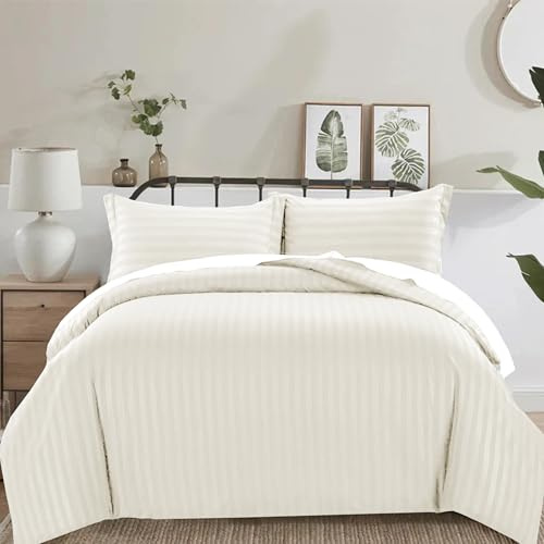 PRIME LINENS 3 Piece Duvet Cover Set Stripes Satin Quilt Cover Bedding Set with Pillowcase and Extra Fitted Sheet Included Machine Wash Hotel Quality (Cream, Single)
