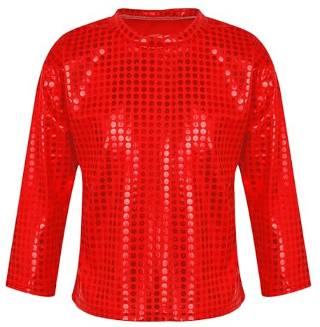 Girls Sequin Glitter T-Shirt Sparkly Metallic Long Sleeve Top Boys Sparkly Metallic Long Sleeve Loose T-Shirt Jazz Hip Hop Modern Dance Performance Party Costume Dancewear Red