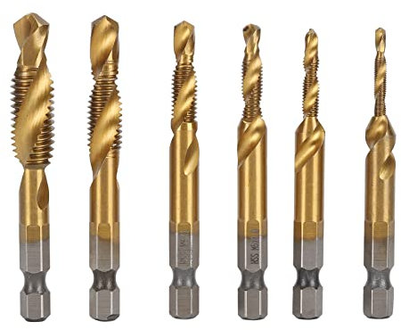 6-teiliges Bohrer-Gewindebohrer-Set mit 1/4-Zoll-Sechskantschaft und Spiralbohrer zum Bohren, Gewindeschneiden und Anfasen (Ti Plated)
