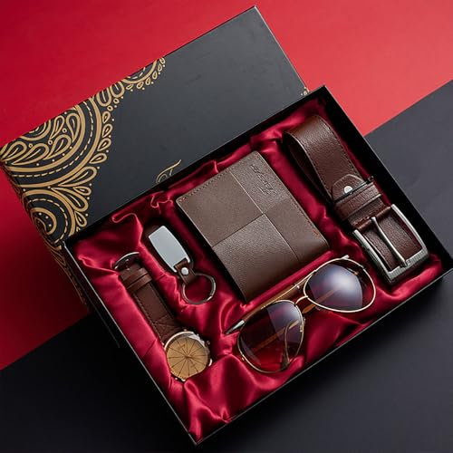 Coffret Cadeau Hommes en Cuir de Supérieure Montre-Bracelet Ceinture Porte-Clés Lunettes Portefeuille Saint-Valentin, Fête des Pères, Cadeau D’anniversaire de pourlui, Cadeau de Luxe Pour Mari (D)