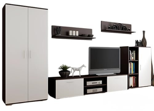 Per la vita Schrankwand Wenge-Weiß California– Modernes Regalwohnzimmer Set in Wenge/Weiß - Möbel Modern mit integriertem Kleiderschrank, TV Schrank & Zwei Wandregalen