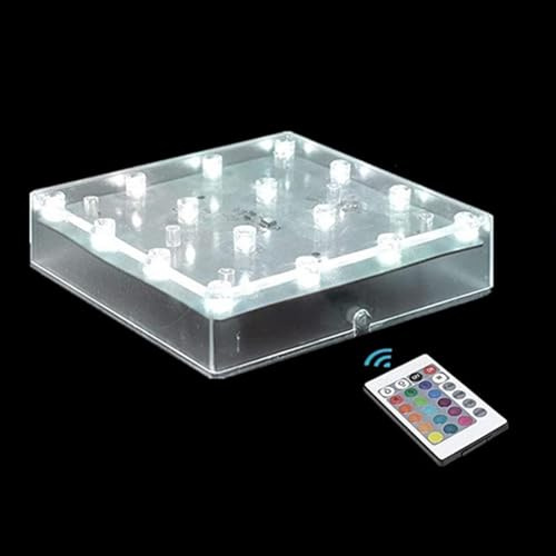 LARDUX Base lumineuse LED carrée avec télécommande - 12,7 cm - Multicolore - Base lumineuse sur pied pour vase Effiel Tower - Base en verre cristal - Chargement USB ou batterie