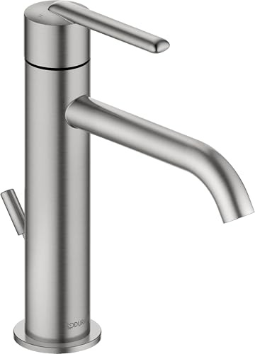 Duravit Balcoon Waschtischarmatur, Größe M (Auslauf Höhe 138 mm), energiesparende Waschbecken Armatur, wassersparender Wasserhahn Bad (MinusFlow), mit Zugstangen-Ablaufgarnitur, Edelstahl Gebürstet