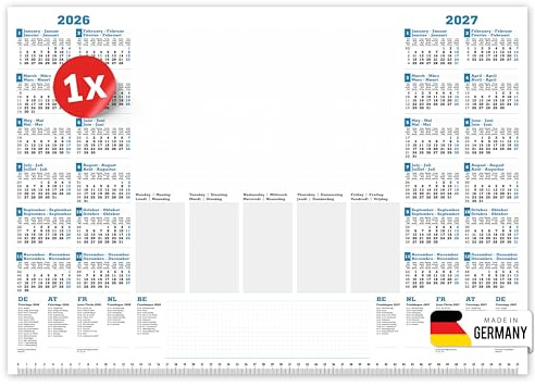 PRIMUS PRINT Schreibtischunterlage Papier DIN A2-2026 & 2027 Jahreskalender - 80g Dickes Naturpapier - Stabiler Papprücken - 25 Blatt - ohne Schutzleiste - Büro und Homeoffice [1er Set]