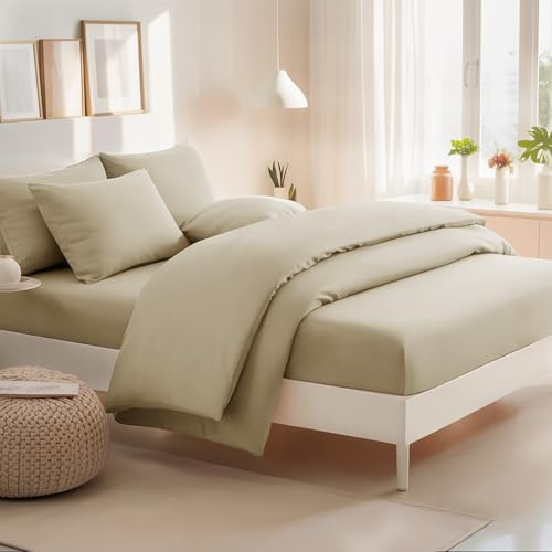 RUIKASI Super King Duvet Set 4 Piece Khaki - Superking Bedding Sets Microfiber Duvet Cover with Fitted Sheet and Pillow Cases