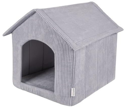 Petsona Hundehütte Rippenstrickstoff Waschbarer Bezug Reißverschlussdach, Dunkelgrau,XL