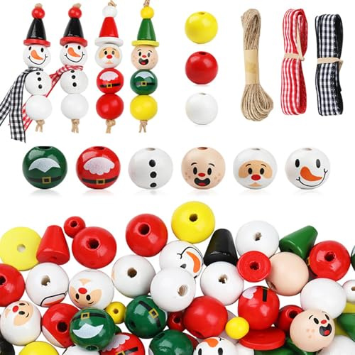 180 Stück Holzperlen Weihnachten Schneemann Weihnachtsmann Holzperlen Weihnachtsperlen Holz Winter Holzperle n mit Hanfseil für Weihnachtsbaum Dekoration DIY Basteln Dekoration