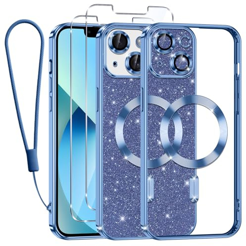 Tikfrlo Glitter Magnétique Coque pour iPhone 13 avec Cordon, Compatible avec MagSafe Antichoc Brillant Paillette Housse Étui Transparent Protection Case avec 2 Verre Trempé pour Femme et Fillese Bleu