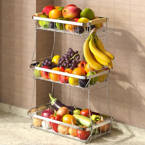3 Tier Large Fruit Bowl for Kitchien Storage with 2 Banana Hangers, Silvery | Sturdy Metal Rack for Veg, Onion, Bread, Snacks, Ample Storage for Whole Family, Includes Washable Mats to Keep Produce Fresh