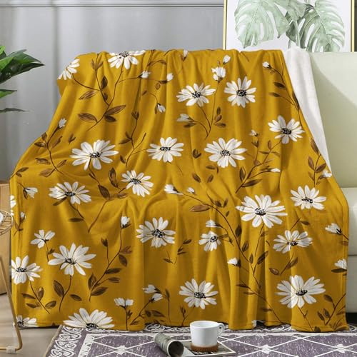 ZDABAOEC Kuscheldecke Flauschig Gelb Weiße Blume Decke, Fleecedecke 150x200, Sofadecke & Couchdecke, Weiche Kuschelige Wohndecke Blanket, XL Decken für Sofa Couch