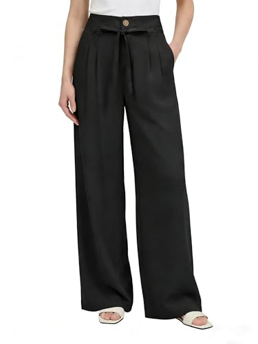 GRACE KARIN Damen Sommer Leinen Palazzo Hosen Weite Fließend Strand Hosen Elastischer Bund Lange Loungehose mit Abnehmbarer Gürtel Schwarz M