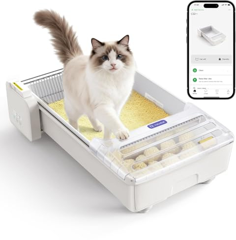 Voll offen Selbstreinigende Katzentoilette Katzenklo Selbstreinigend, Weiß | Anti-Klemm Automatisches Elektrisches Katzenklo mit APP-Steuerung, Transparente Mülltonnenabdeckung, mit 1,5kg Katzenstreu