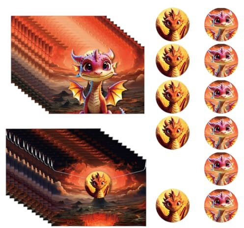 CFEWV 12 Stück Drachen Einladungskarten Set für Kindergeburtstag, Personalisierte Party Karten für Jungen und Mädchen mit Drachen und Dinosaurier Motiven