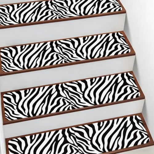 Kaifanee Rutschfeste Stufenmatten aus Gummi, für Haustiere, Kinder und ältere Menschen, 15 Stück, Zebra-Tierhaut-Muster, 20 x 76 cm, Schwarz und Weiß