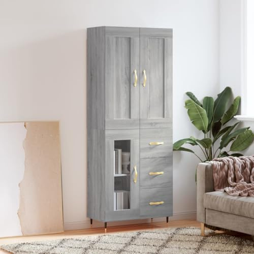 SooIarix Highboard Grau Sonoma Holzwerkstoff 69,5x34x180 cm mit Metallfüßen, Sideboard Wohnzimmer Schrank mit viel Stauraum, Kommode und Kleiderschrank Kombination für Ordnung