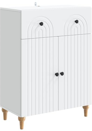 Runheo Buffet Blanc avec tiroir et 2 Portes en Bois d'ingénierie 66 x 34,5 x 90 cm Meuble de Rangement pour Cuisine Salle à Manger Salon Design Moderne