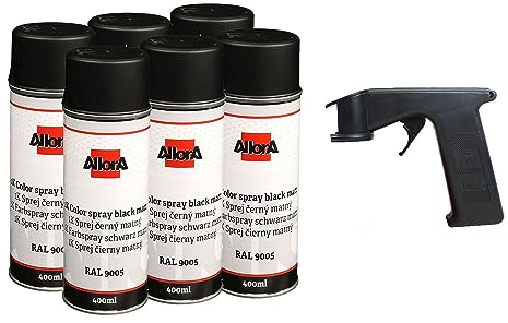 AllorA 6 x Profi 1K Spraydose Schwarz matt RAL 9005 Farbspray 400ml Tiefschwarz + Spraydosenhandgriff