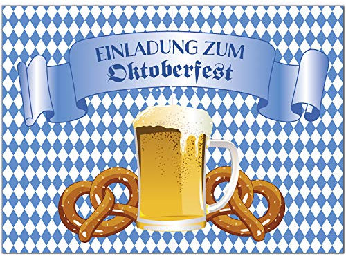10 Einladungen zum Oktoberfest 2024 / Format DIN A6, 2-seitig/Bier und 2 Brezel/Einladungs-Karten zum Oktober-Fest mit Umschlägen/Garten Party