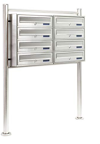 Wiltec 8er Briefkastenanlage Edelstahl 270 x 898 x 1500 mm, Standbriefkasten mit 2x4 Fächern, Schlüssel und Namensschild, Briefkasten Postkasten mit Ständer