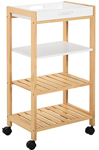 HOMCOM Carrito de Cocina Carrito de Servicio Doméstico de 4 Niveles con Una Bandeja Extraíble Estante Ruedas Universales 40x30x76 cm Blanco Madera