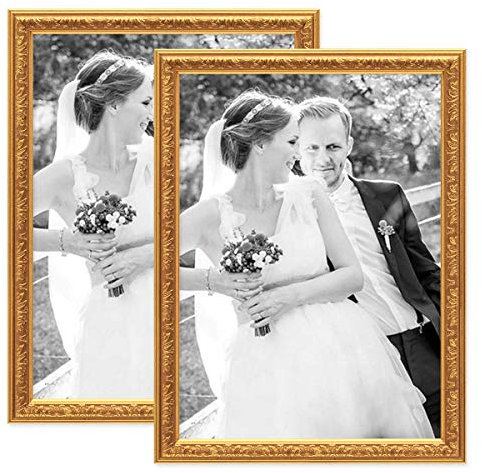 PHOTOLINI 2er Set Bilderrahmen Antik Gold Nostalgie 30x40 cm Fotorahmen mit Glasscheibe/Kunststoff-Rahmen