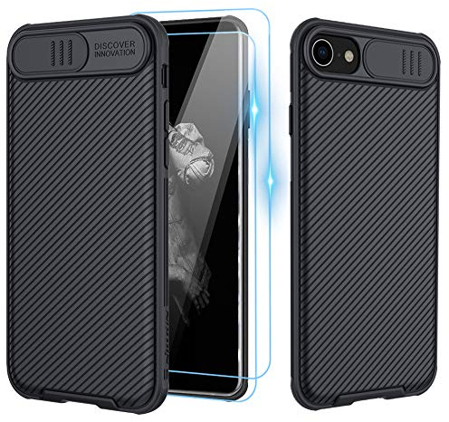 XCYYOO Hülle für iPhone SE2020/iPhone SE 2022/7/8 [2 Tempered Glass Screen] Camera Protection Mobile Phone Case [Ultra Thin Sliding Cover Protection for Camera] Shockproof Non-Slip Scratch Resistant