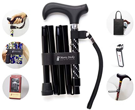 Merry Sticks Faltbarer Verstellbarer Designer Gehstock, Faltstock, Schillerndes Schwarz, Enthält eine praktische Stocktasche und EIN Intelligenter Reflektierender Stockhalter
