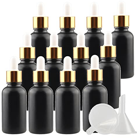 TIANZD 12 Pezzi 30 ml Bottiglie Contagocce in Vetro Nero opaco con Pipetta Tappo a Vite Oro per Oli Essenziali, Contenitori di Aromaterapia, Cosmetici