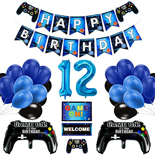 Vubkkty 12th Birthday Decorations for Boys, Gaming Party Decorations Supplies Set, Controller Balloons and Blue Black Balloons, HAPPY BIRTHDAY GAME ON WELCOME Hanging Banner for Boys