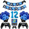 Vubkkty 12th Birthday Decorations for Boys, Gaming Party Decorations Supplies Set, Controller Balloons and Blue Black Balloons, HAPPY BIRTHDAY GAME ON WELCOME Hanging Banner for Boys
