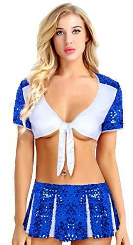 Women's Cherleader Kostüm Shiny Pailletten Uniform Anzug Kurzarm Crop Top mit Mini Hose Rock Cheerleading Sport Kleidung (Color : Blue2, Size : S)