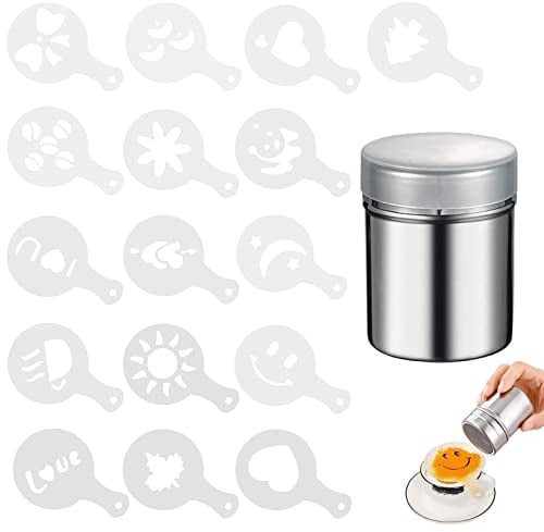 Shaker à Chocolat en Acier Inoxydable avec 16 Pièces Pochoir Café Pochoir Cappuccino Saupoudreuse à Farine Pochoir Cacao pour Capuccino Cafe Chocolat Chaud Pain Décoration